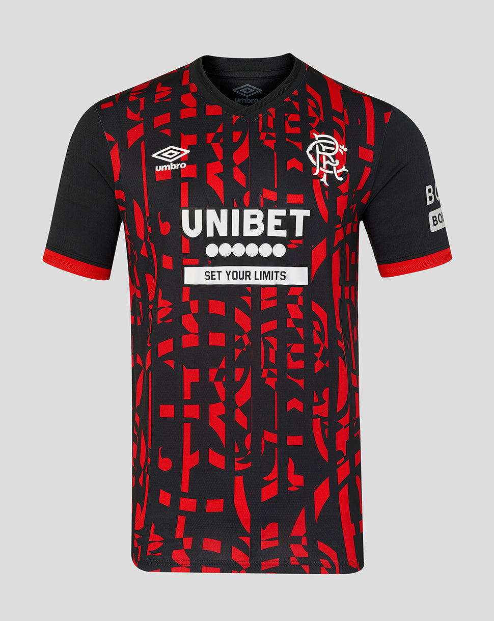 Rangers FC men's 2026/27 third pro shirt front in red and black with crest and Unibet sponsor