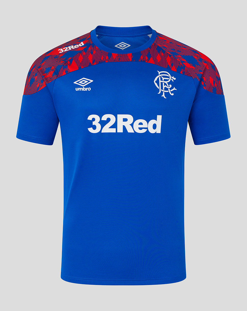 A royal blue short-sleeve soccer jersey with red and black patterned shoulder panels, featuring the white Umbro logo, 32Red sponsor text, and the Rangers FC crest on the chest, shown against a light gray background.