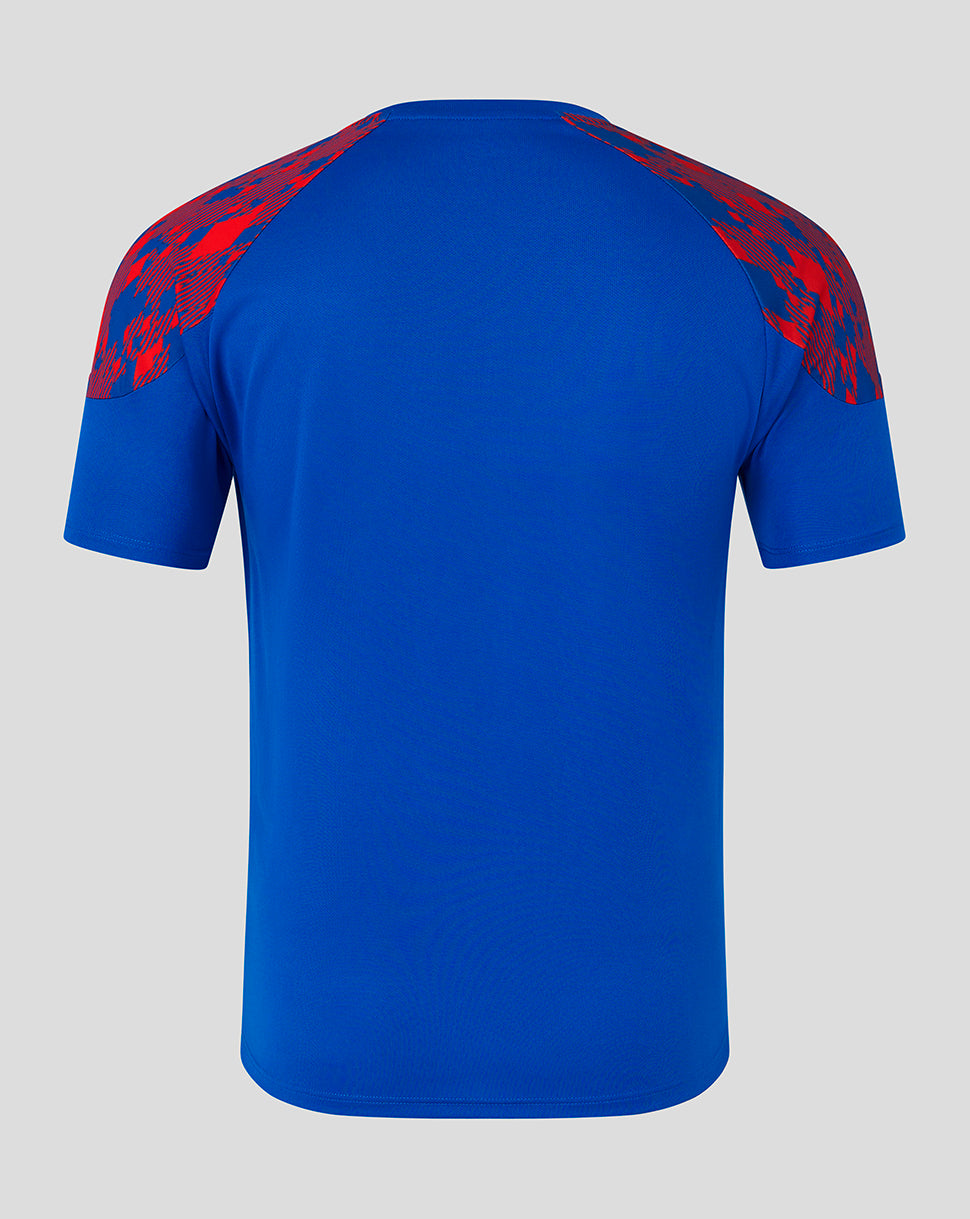 A royal blue short-sleeve t-shirt shown from the back, featuring a red and black graphic pattern on the upper shoulders, set against a solid light gray background.