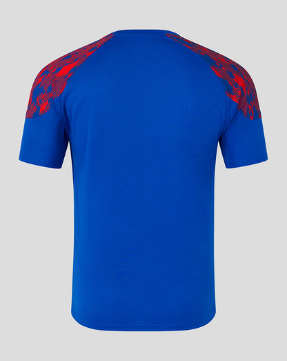 A royal blue short-sleeve t-shirt shown from the back, featuring a red and black graphic pattern on the upper shoulders, set against a solid light gray background.