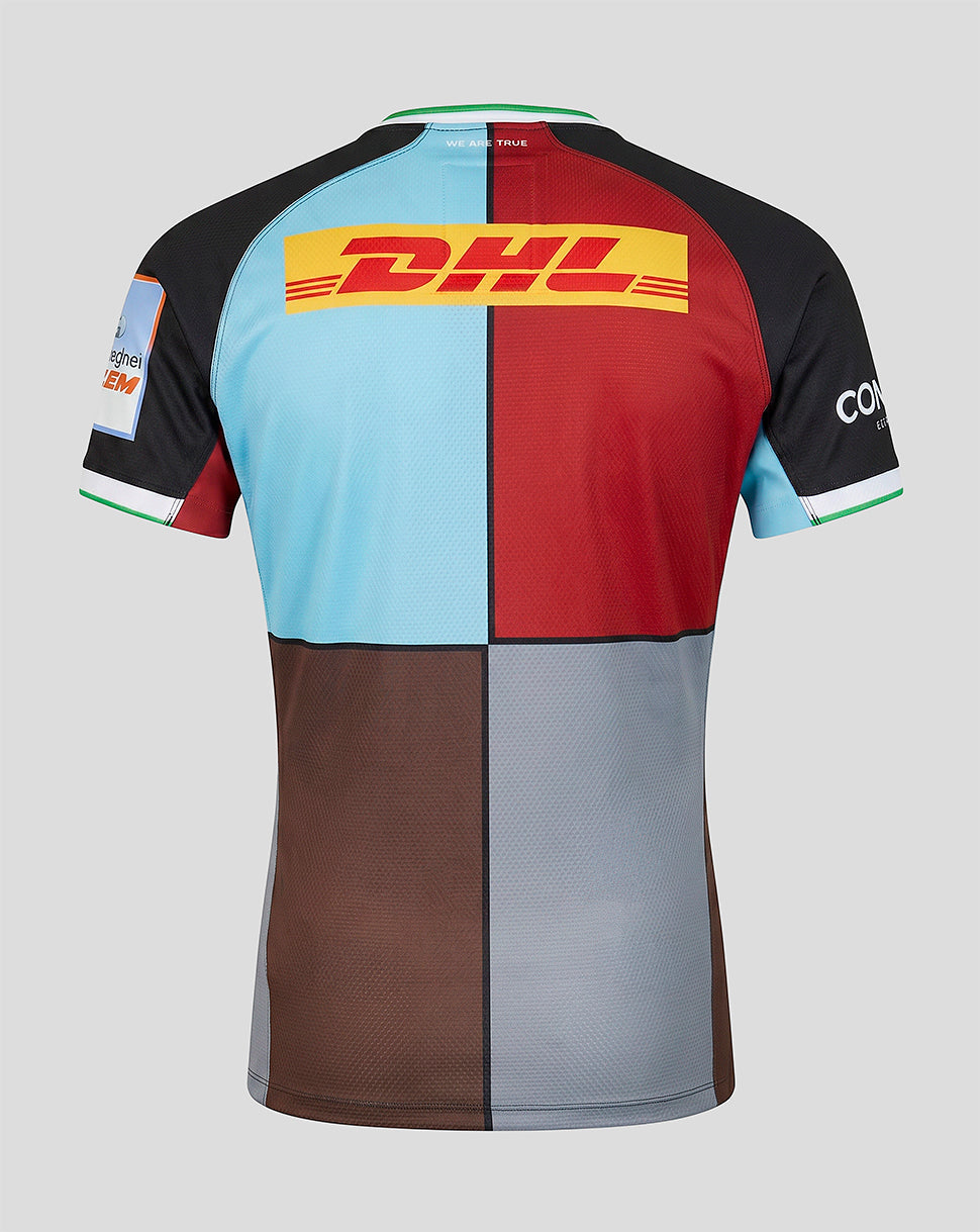 Multicolored sports jersey with DHL logo on a gray background