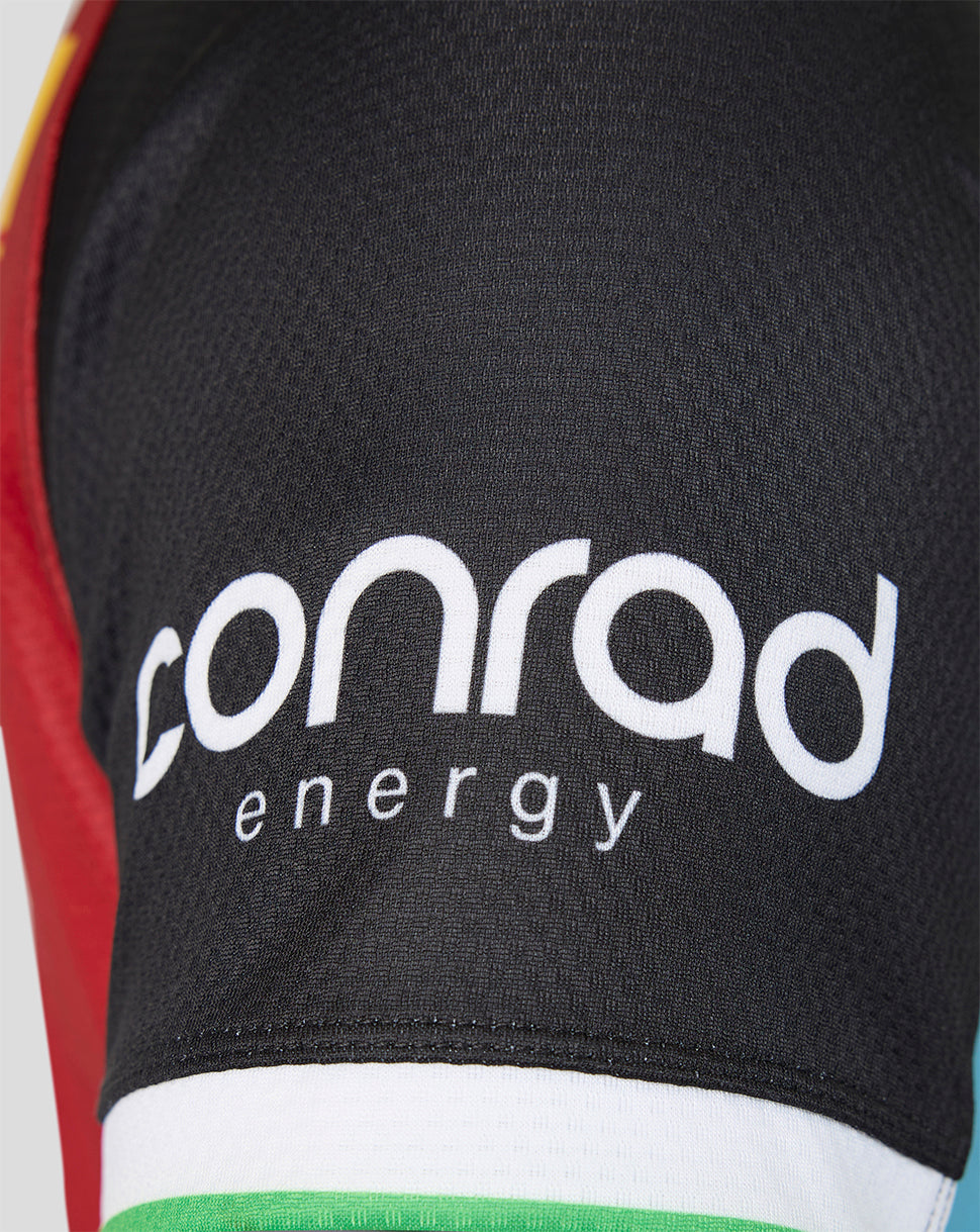 Close-up of a sports jersey with 'Conrad Energy' logo on a black background