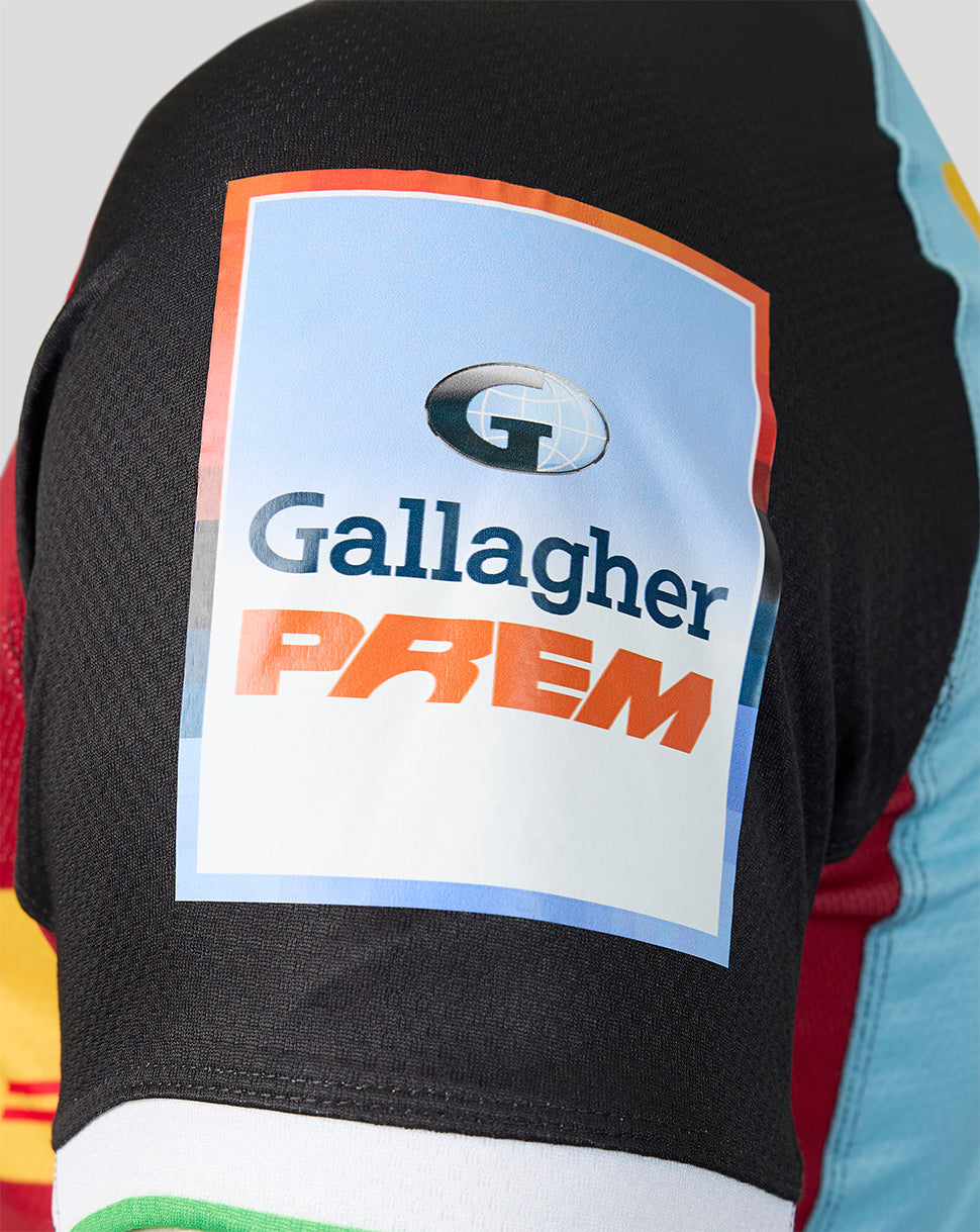 Close-up of a sports jersey with 'Gallagher PREM' logo on the back