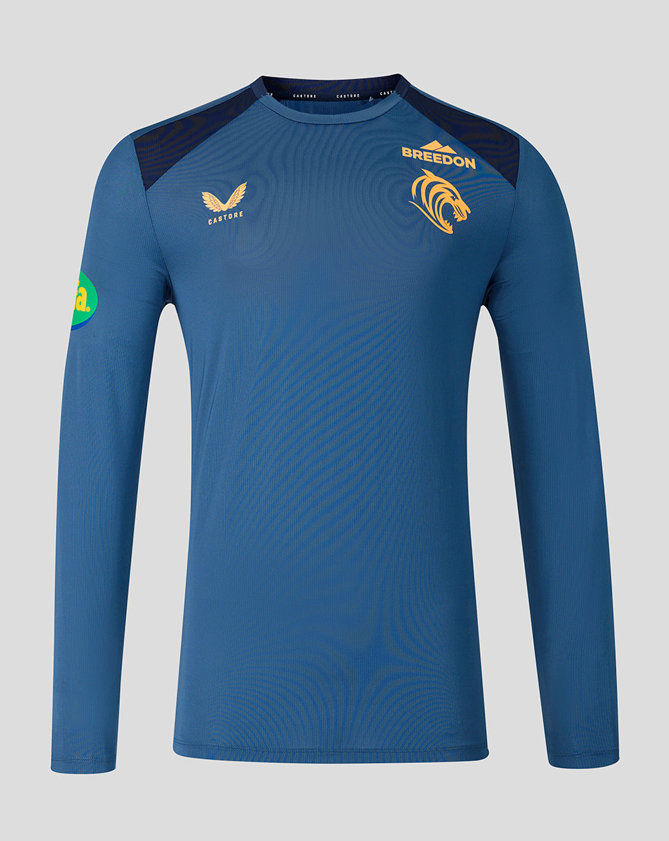 Blue Leicester Tigers training long sleeve top featuring crest and Breedon sponsor logo with breathable mesh panels