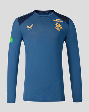 Blue Leicester Tigers training long sleeve top featuring crest and Breedon sponsor logo with breathable mesh panels