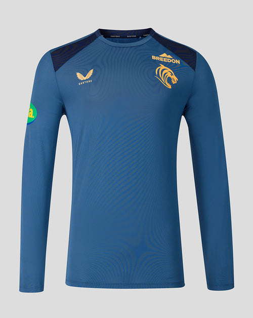 Blue Leicester Tigers training long sleeve top featuring crest and Breedon sponsor logo with breathable mesh panels