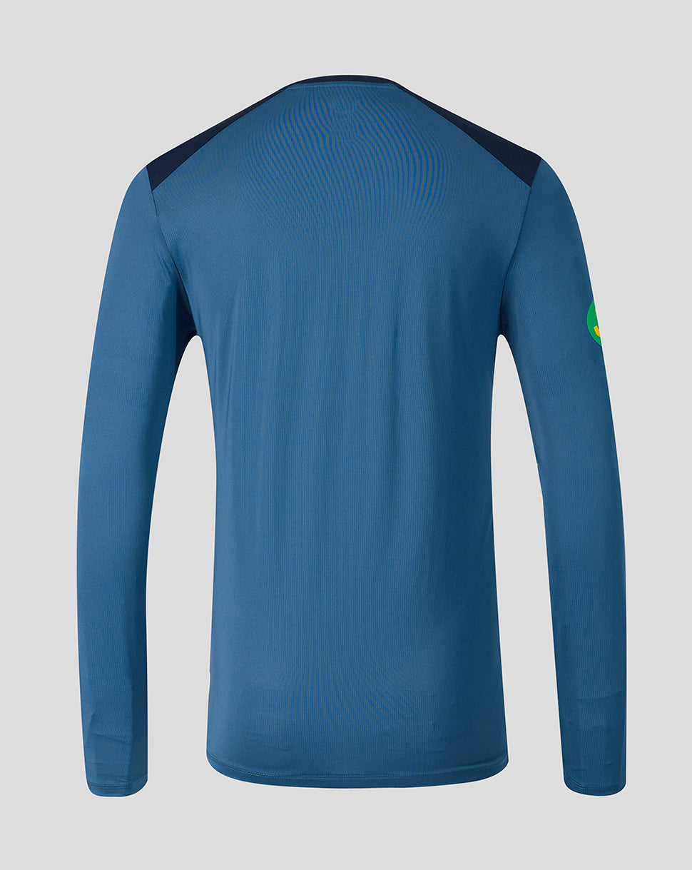 Back view of blue Leicester Tigers training long sleeve top with navy shoulder panels and breathable mesh across the upper back