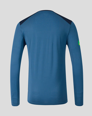 Back view of blue Leicester Tigers training long sleeve top with navy shoulder panels and breathable mesh across the upper back
