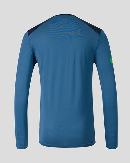 Back view of blue Leicester Tigers training long sleeve top with navy shoulder panels and breathable mesh across the upper back