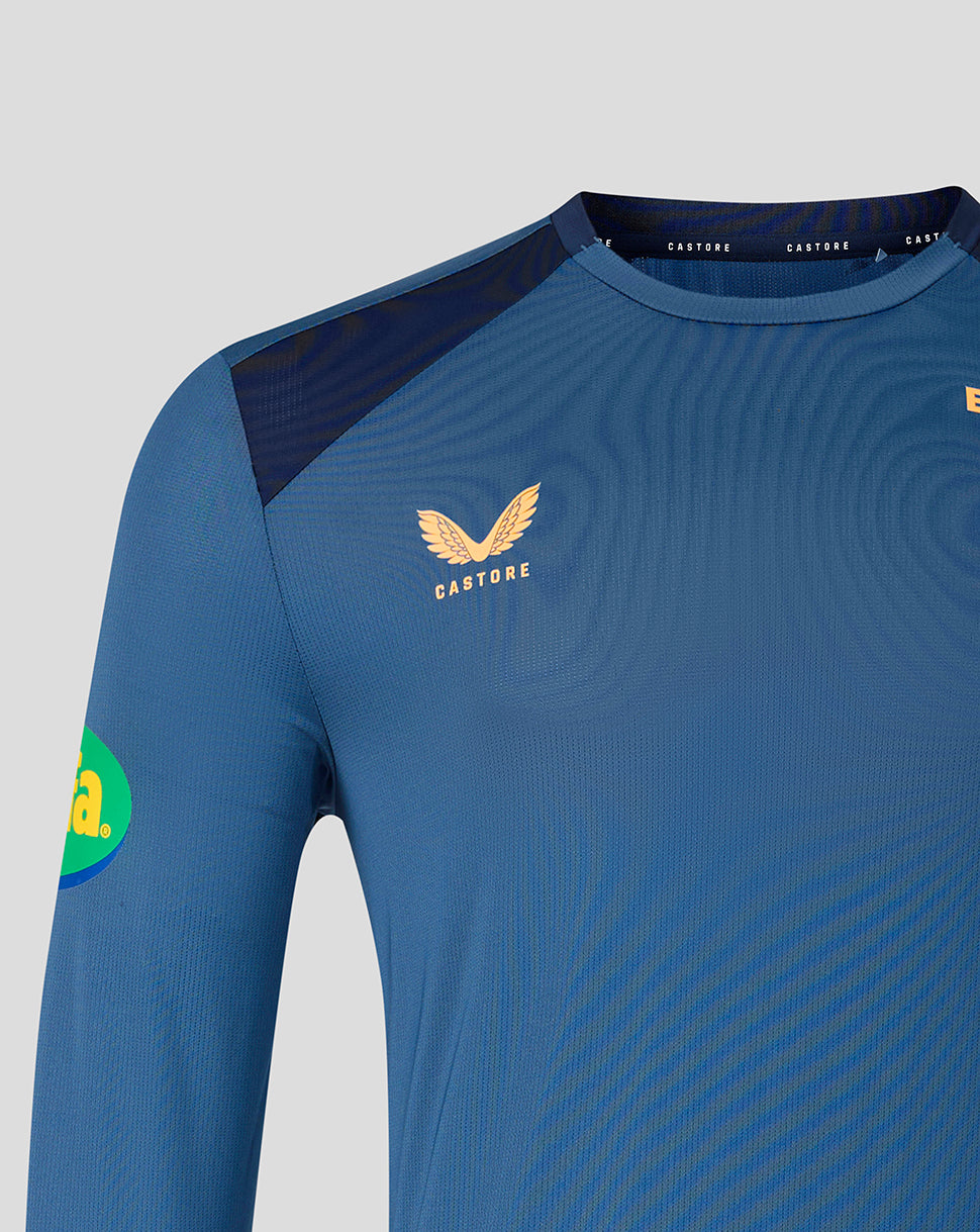 Front close up of blue Leicester Tigers training top showing Breedon sponsor logo on the chest and Castore branding at the collar