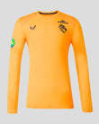Front view of bright orange Leicester Tigers training long sleeve top with Breedon logo on chest and Castore badge.