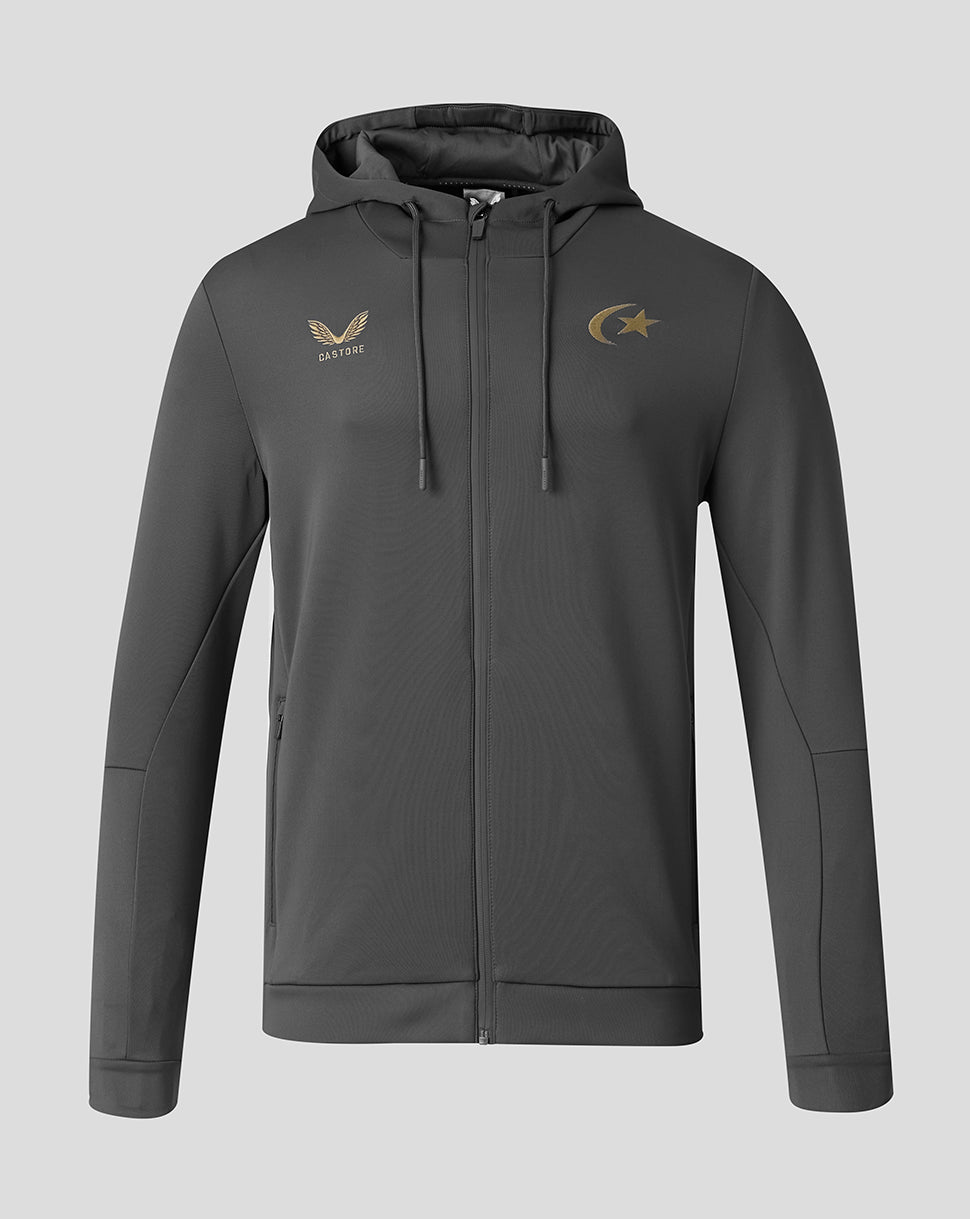 Grey Saracens Travel Flex Full Zip Hoodie with gold wing logo and crescent moon star on the chest