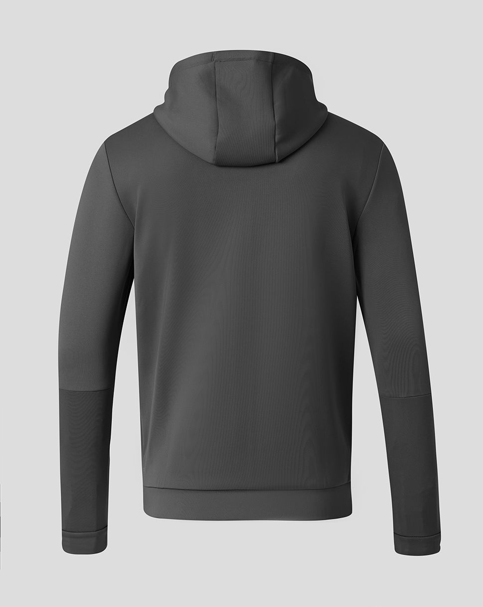 Back view of grey Saracens Travel Flex full zip hoodie with hood up