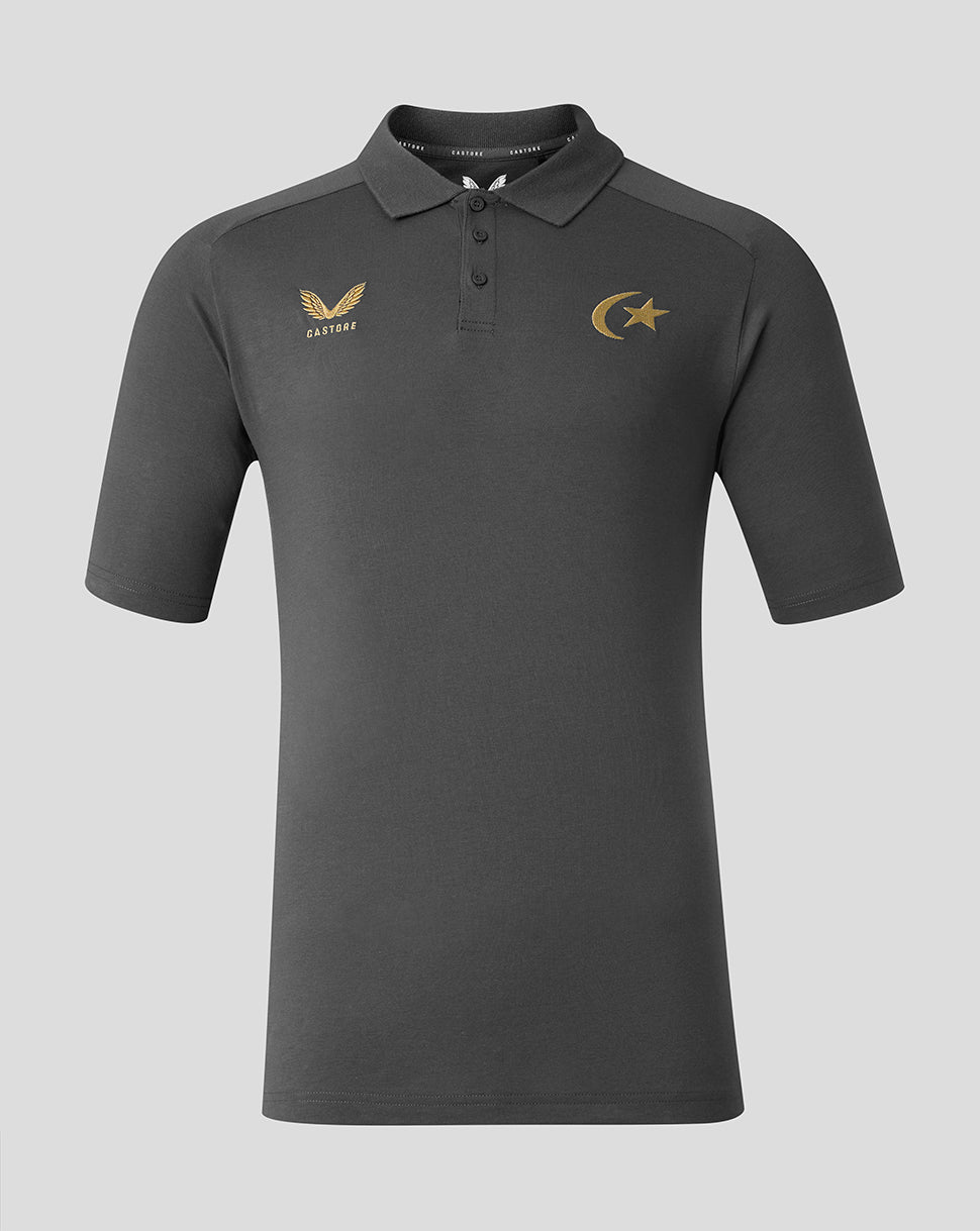 Front view of grey Saracens Travel Polo with gold crest on left chest and crescent star on right