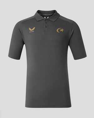 Front view of grey Saracens Travel Polo with gold crest on left chest and crescent star on right