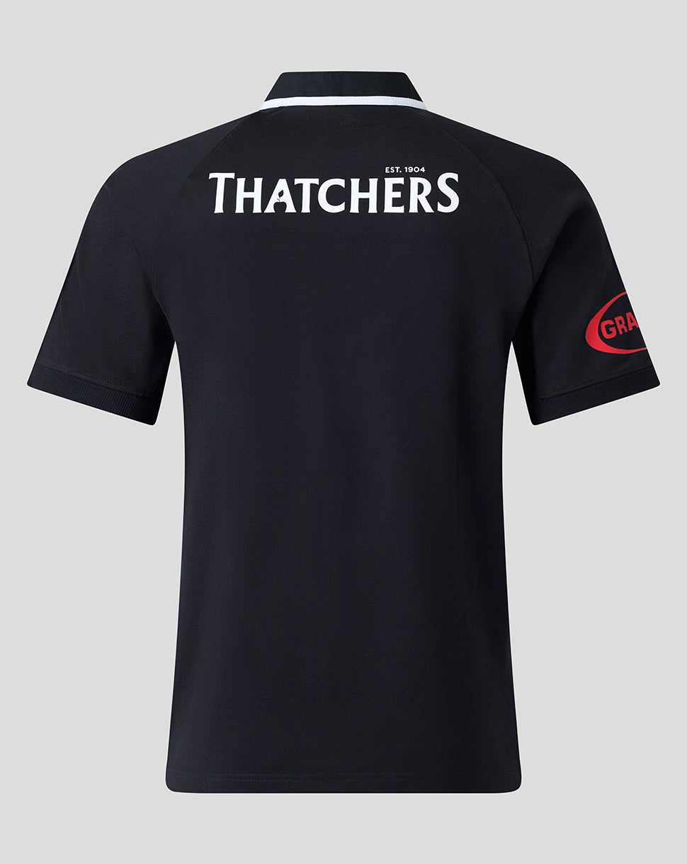 Back view of Bath Rugby men's home jersey with Thatchers logo across the upper back.