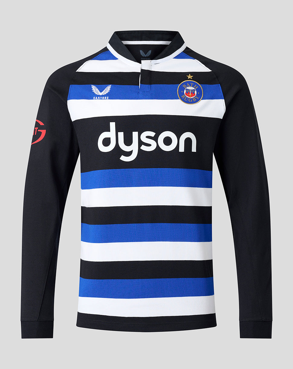 Front of Bath Rugby 2026/27 home long sleeve shirt with blue white black hoops and Bath crest