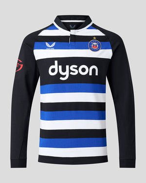 Front of Bath Rugby 2026/27 home long sleeve shirt with blue white black hoops and Bath crest