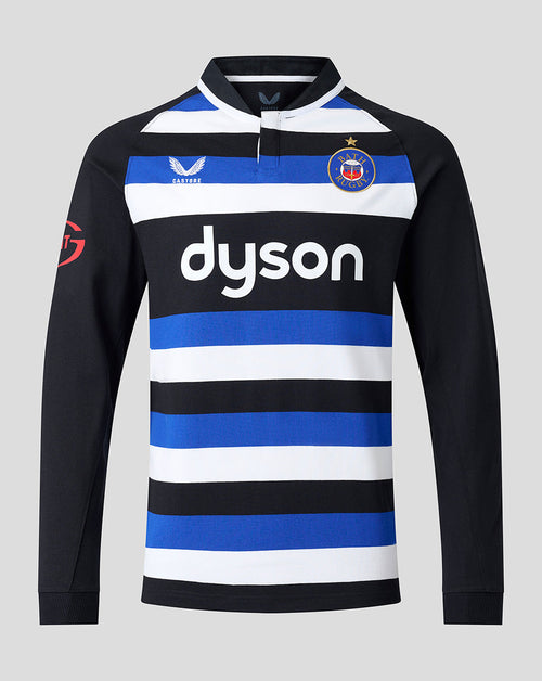 Front of Bath Rugby 2026/27 home long sleeve shirt with blue white black hoops and Bath crest
