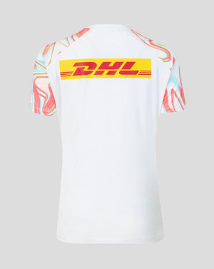 White t-shirt with colorful sleeves and DHL logo on a light gray background
