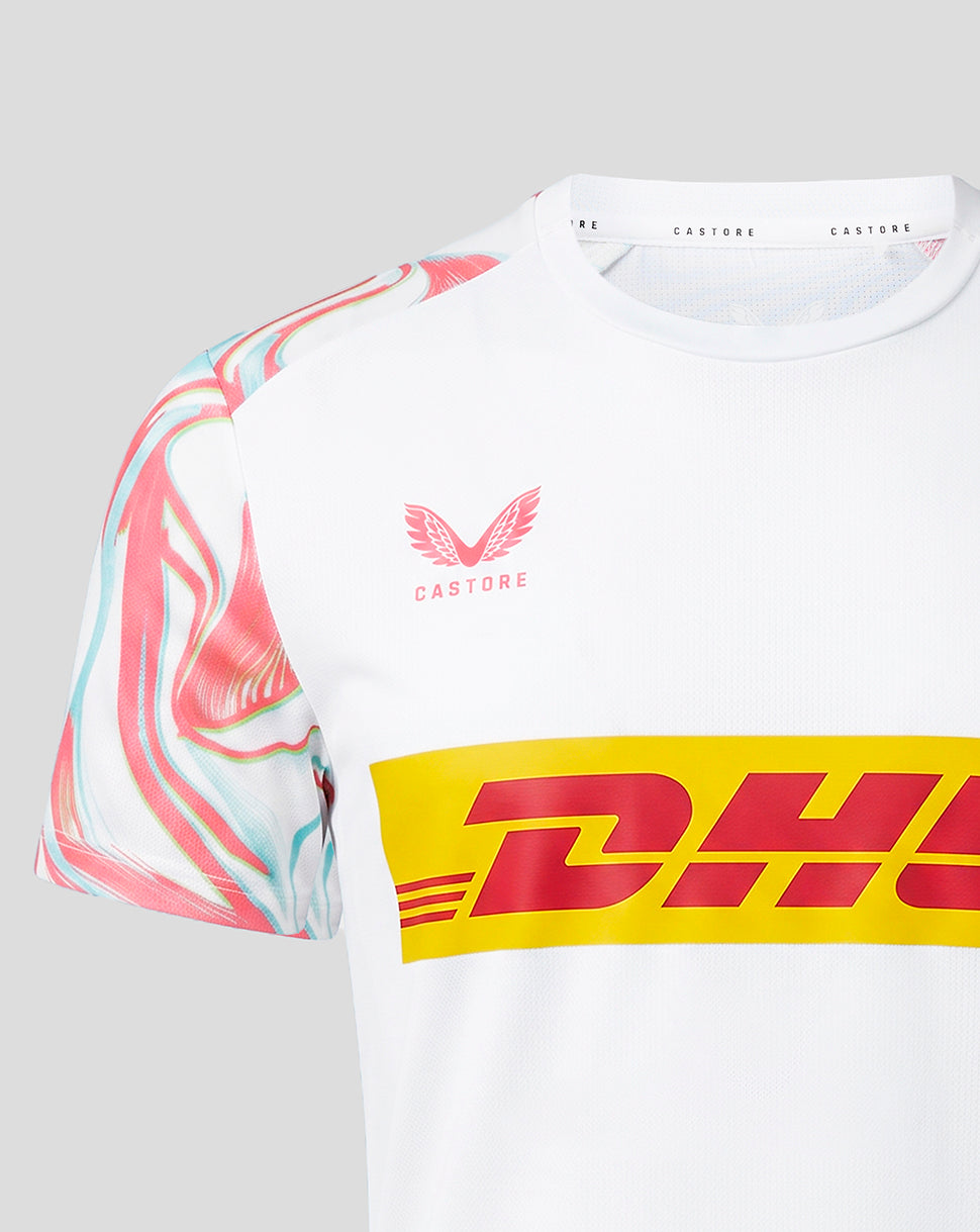 White sports jersey with colorful sleeves and DHL logo on a gray background