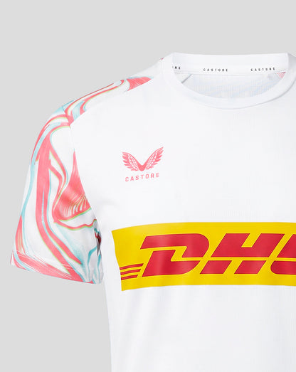 White sports jersey with colorful sleeves and DHL logo on a gray background