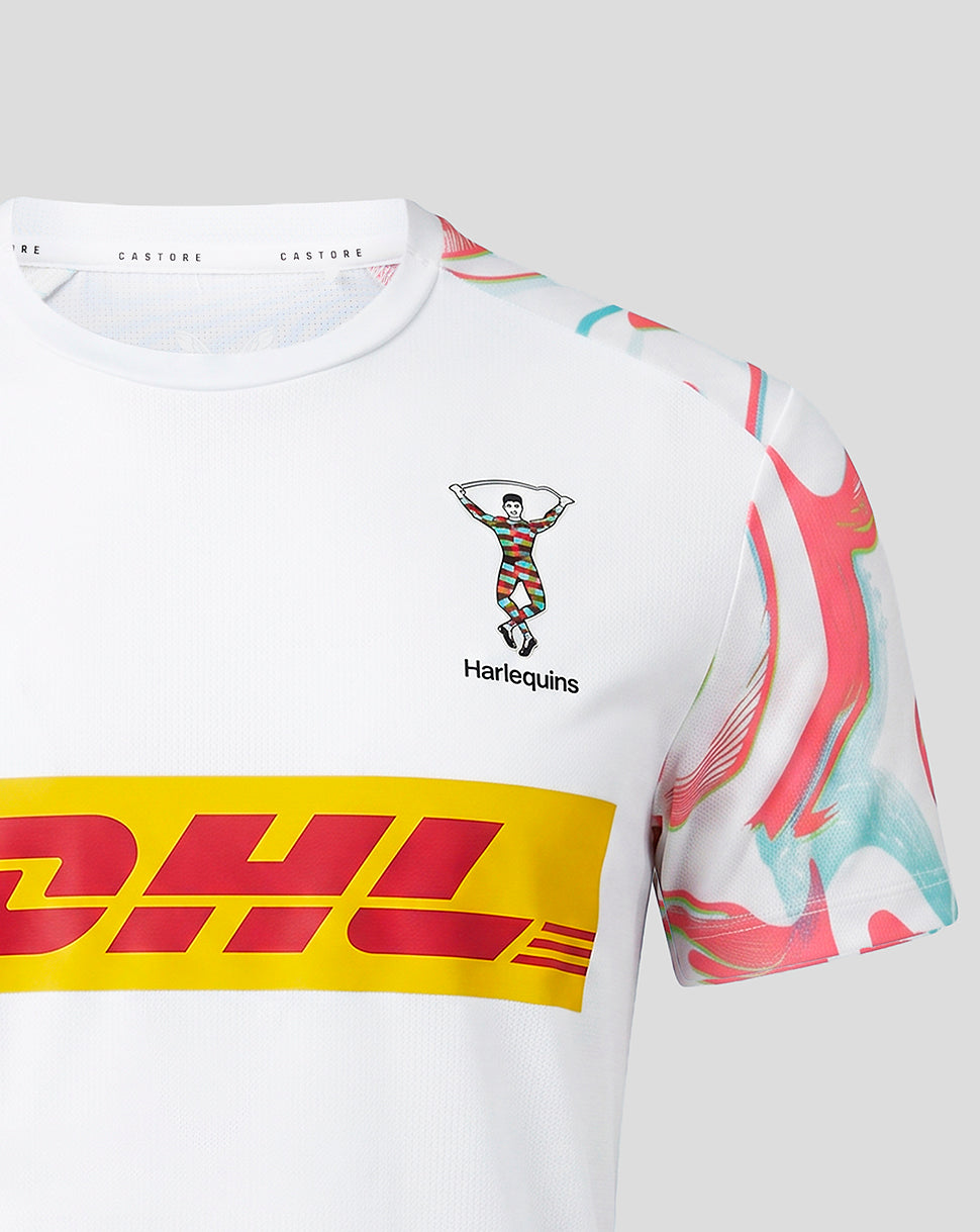 White sports jersey with colorful design and DHL logo on a white background