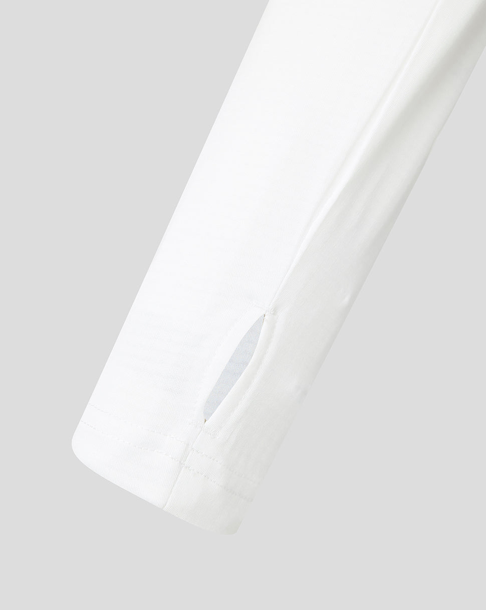 Close-up of a white jacket on a light gray background