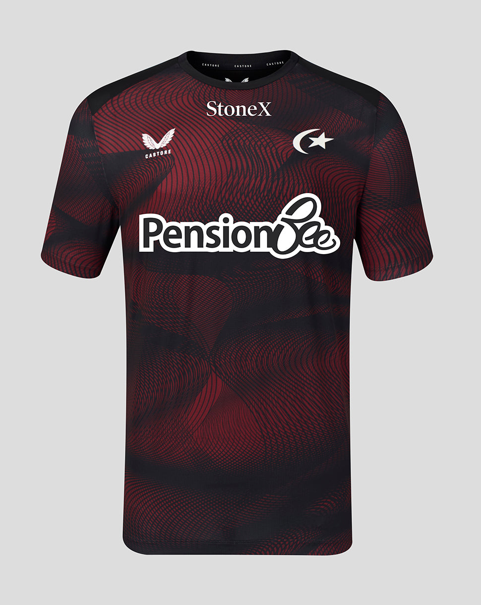 Front view of Saracens 2026/27 Matchday T-Shirt with black red pattern, StoneX branding and PensionBee sponsor.