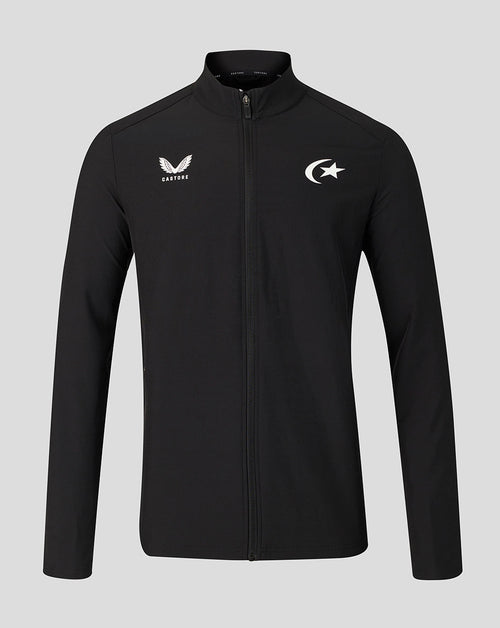 Front view of black Saracens 2026/27 Walkout Jacket featuring Castore logo on left chest and crescent star emblem on right.