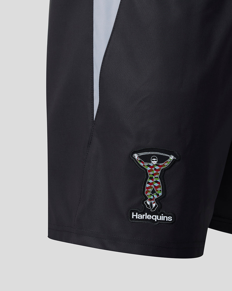 Black shorts with a Harlequins logo on a light gray background