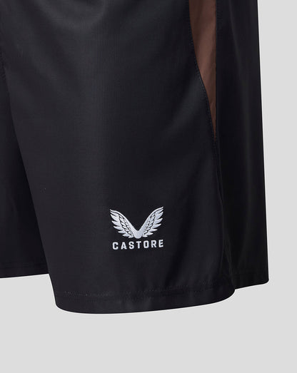 Black shorts with a white logo on a light gray background