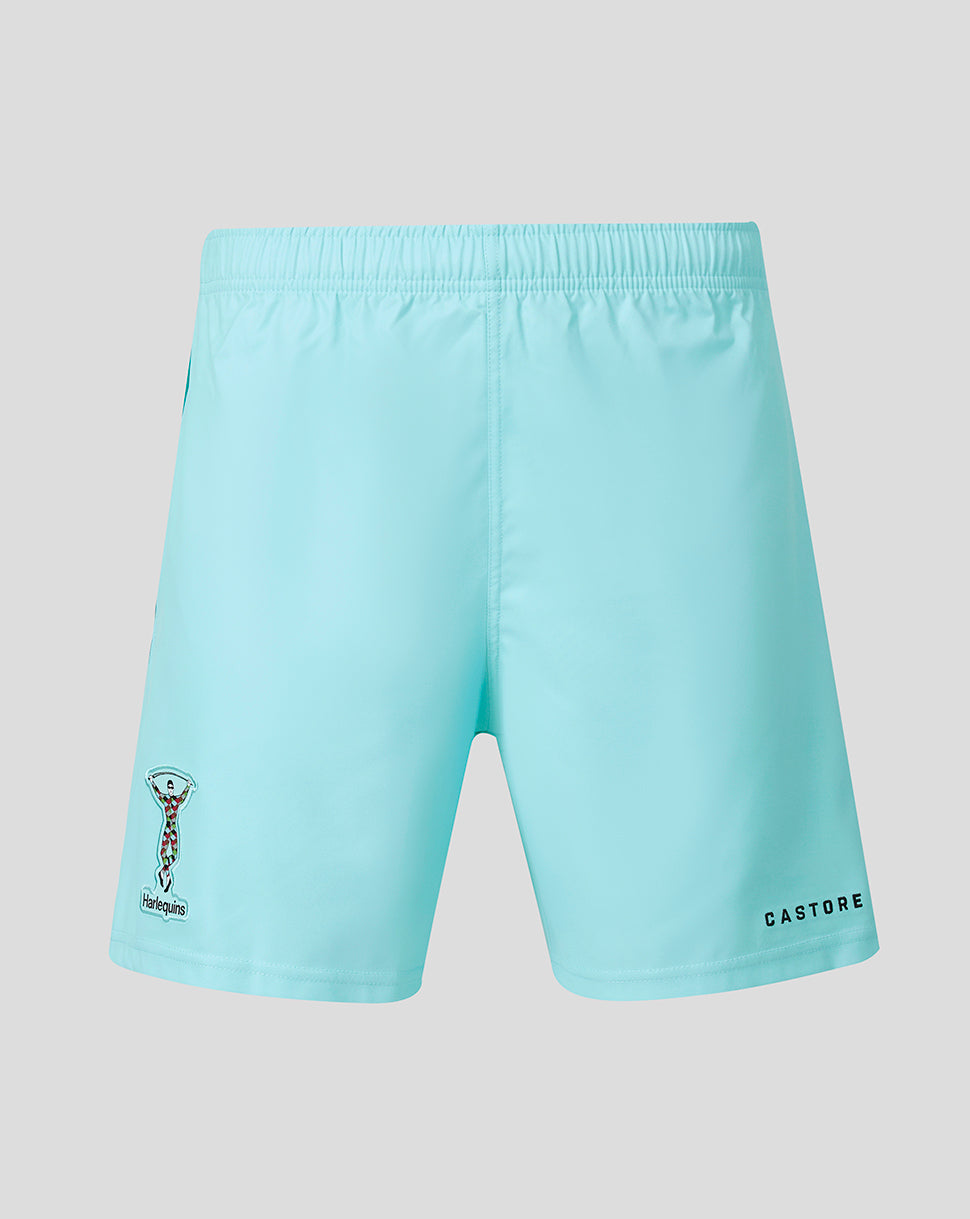 Light blue athletic shorts with an elastic waistband, featuring a small black graphic on the left leg and the word 'CASTORE' printed in black on the right leg, shown against a solid gray background.