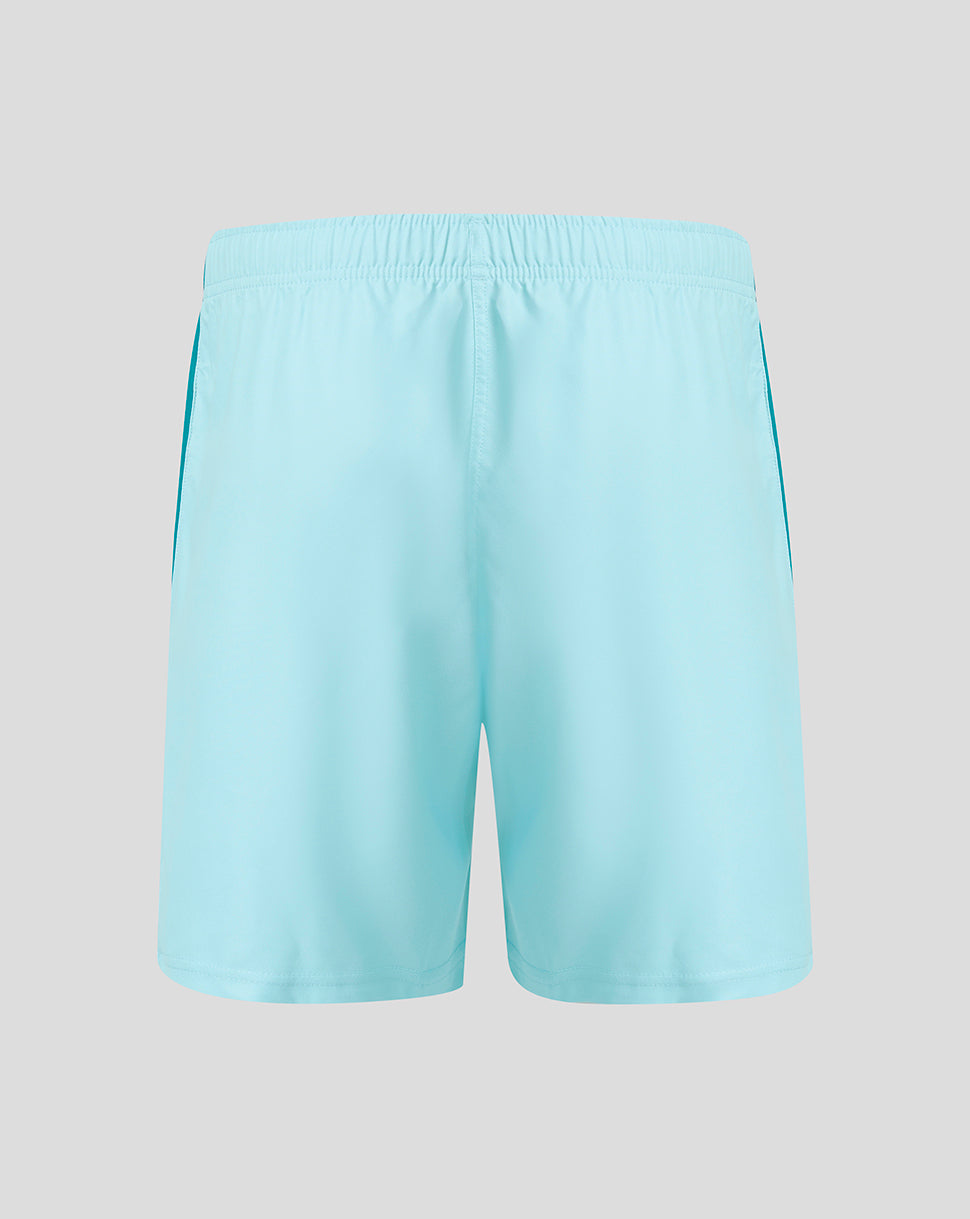 Light blue athletic shorts with a matching elastic waistband and subtle side piping, shown against a solid gray background.