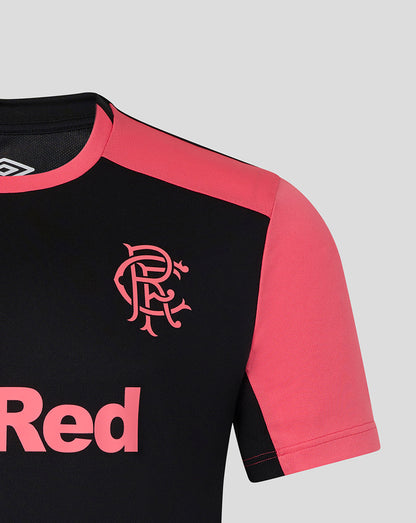 Black and pink sports jersey with a logo and 'Red' text on a light gray background