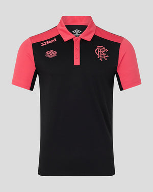 Black and pink polo shirt with visible branding on a gray background