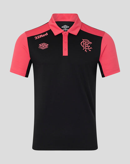 Black and pink polo shirt with visible branding on a gray background