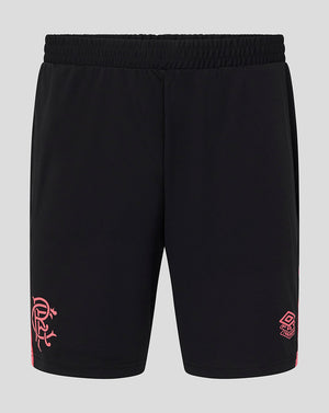 Black shorts with pink and white designs on a gray background