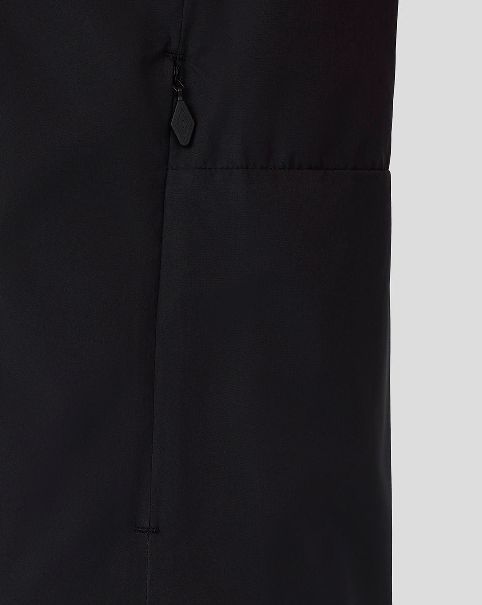 Close-up of a black garment with a pocket on a light gray background