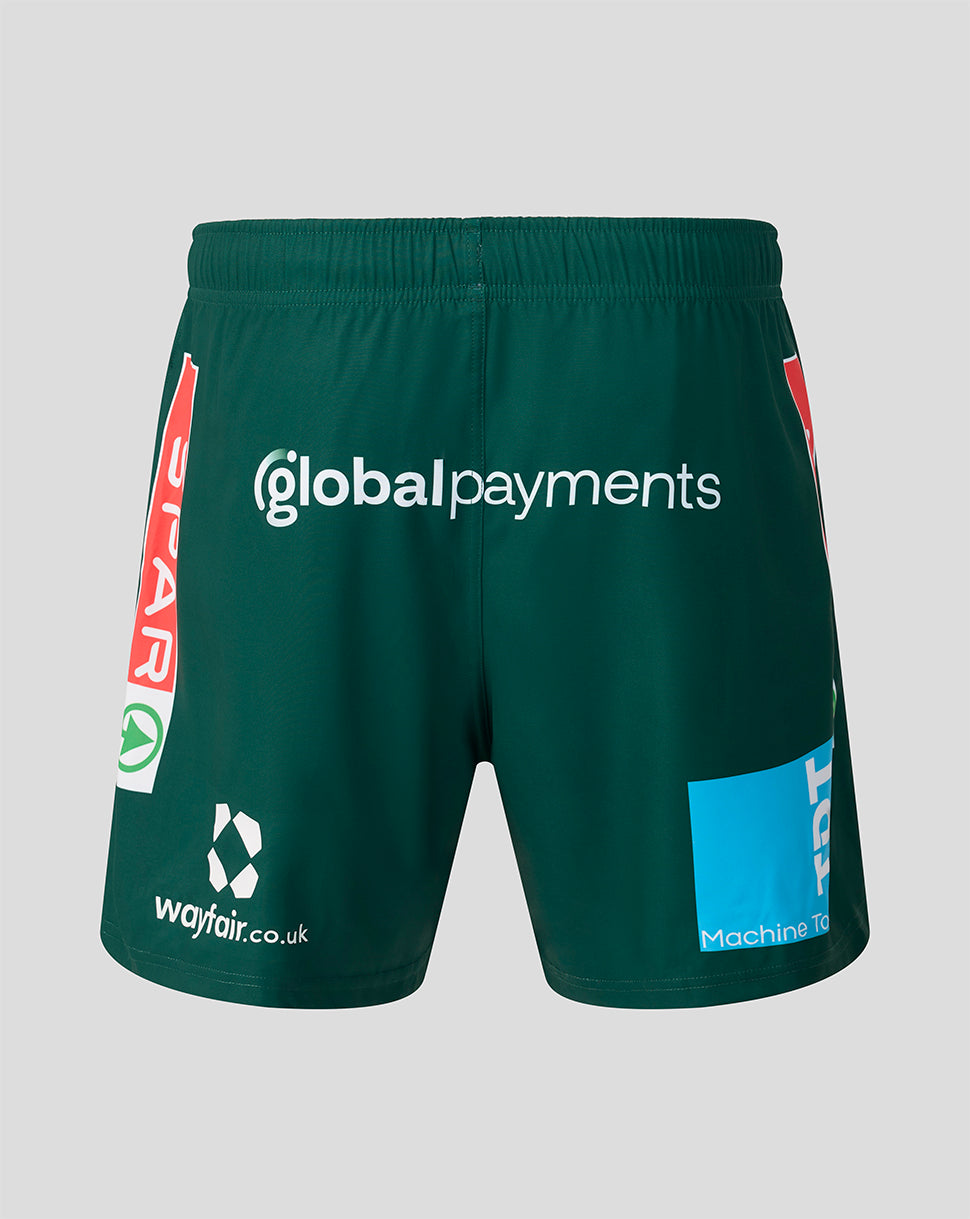 Back view of dark green Leicester Tigers Junior shorts with globalpayments and Wayfair sponsorship graphics.