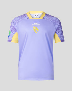 Leicester Tigers junior away rugby shirt in purple with yellow collar and club crest