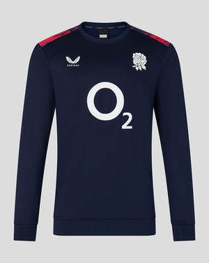 Navy blue rugby sweatshirt with white logo and text on a gray background