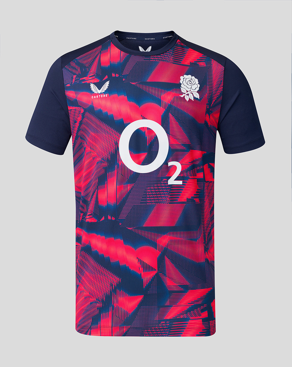 Rugby jersey with red and blue pattern on a gray background