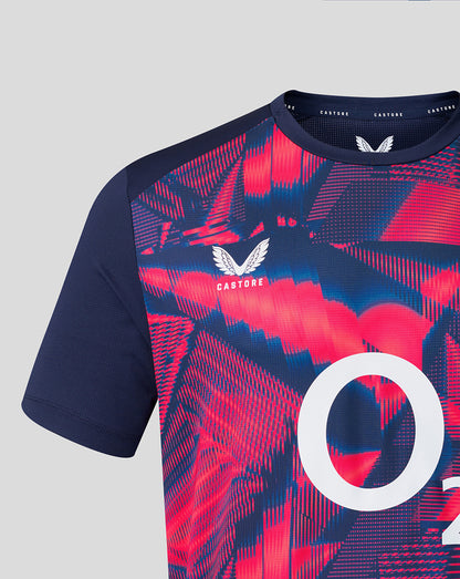 Navy and red sports jersey with visible branding on a light gray background
