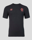Black t-shirt with a logo on the chest against a gray background