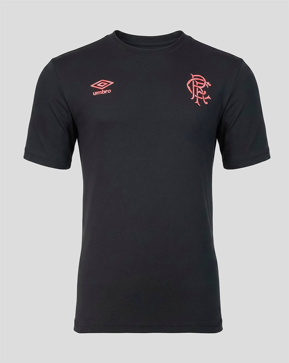 Black t-shirt with a logo on the chest against a gray background