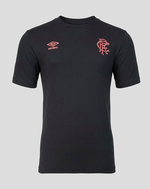 Black t-shirt with a logo on the chest against a gray background