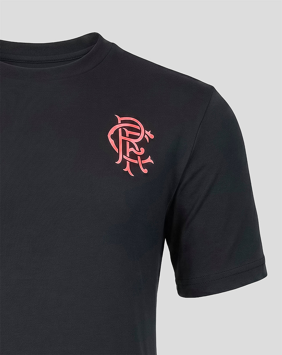 Black t-shirt with a red logo on a gray background