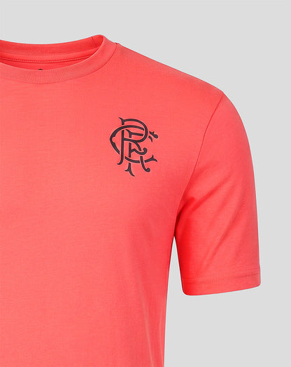 Red t-shirt with a black logo on a gray background