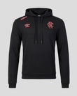 Black hoodie with red branding on a gray background